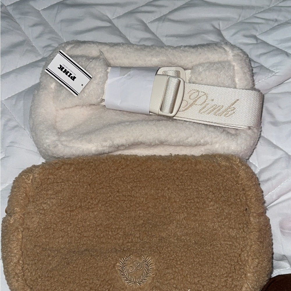 PINK Victoria's Secret Women's Cream and Tan Fleece Belt Bag